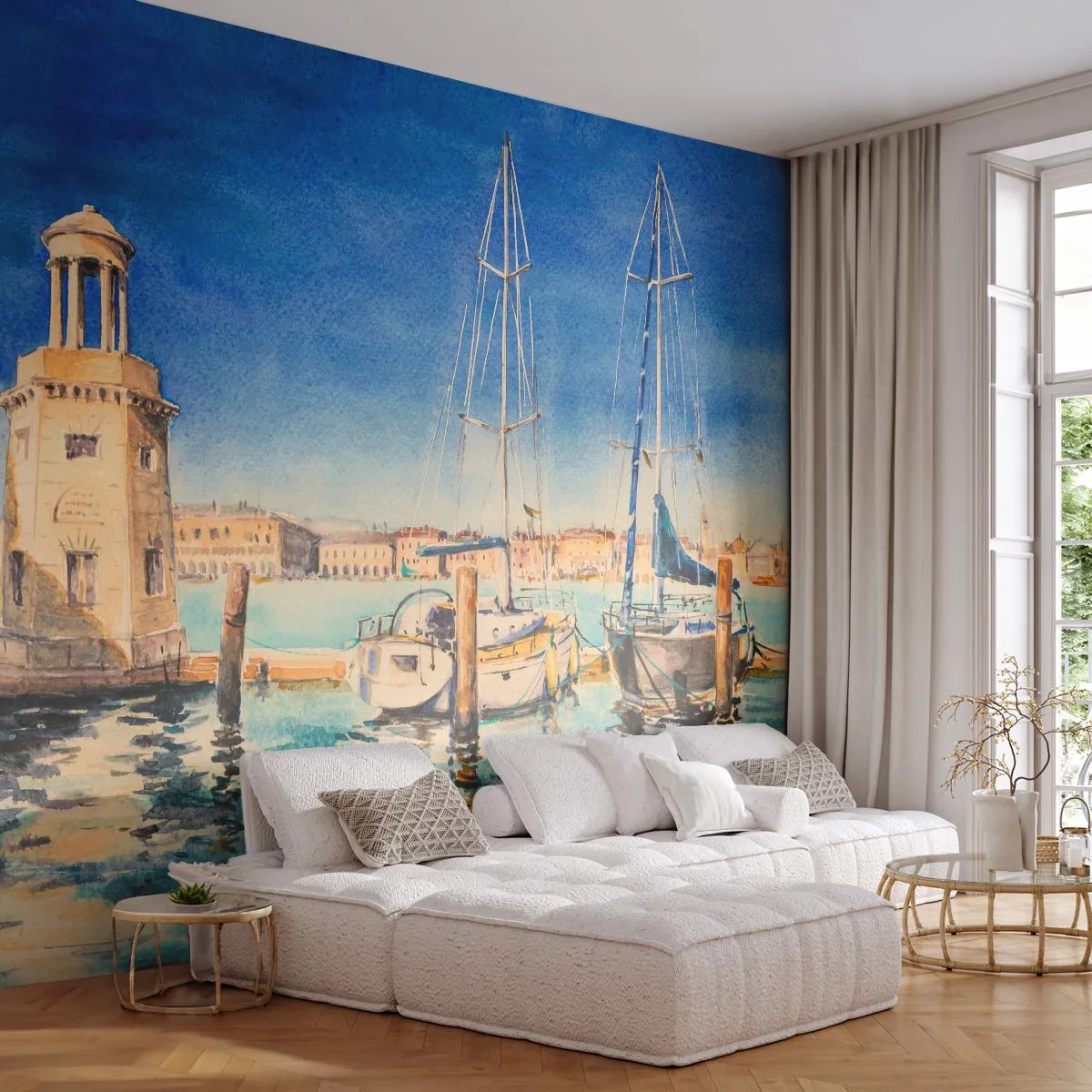 Fotomural Premium Canvas - Puerto deportivo con barcos con el fondo de una laguna azul - 100x70cm - Laguna soleada - Decoración de pared moderna para salón y dormitorio ARTTOR