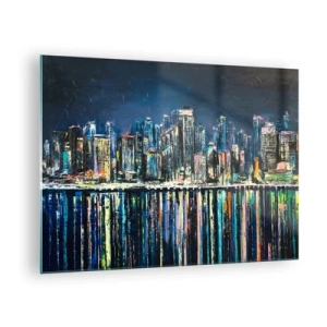 Cuadro sobre vidrio - Impresiones sobre Vidrio - Panorama de la ciudad de noche con las luces reflejadas en el agua. - 70x50cm - Una cascada de luces - Decoración de pared moderna para salón y dormitorio ARTTOR