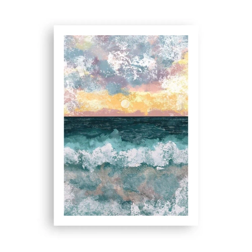 Póster - Olas del mar y puesta de sol en estilo acuarela - 50x70cm - Agua, luz, aire - Decoración de pared moderna para salón y dormitorio ARTTOR