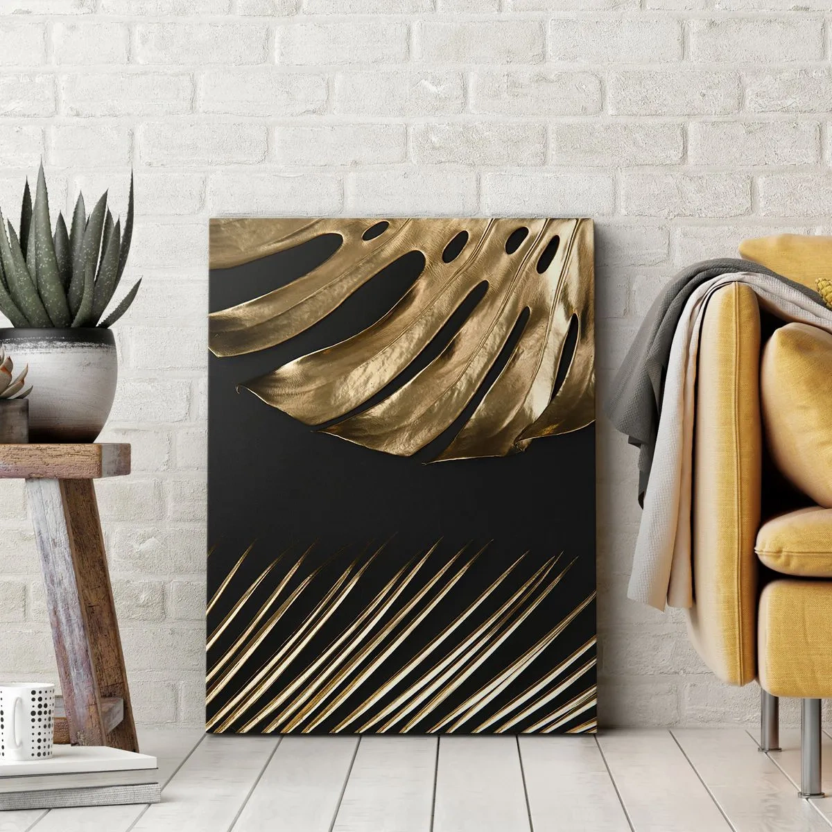 Cuadro sobre lienzo - Impresión de Imagen - Hojas doradas sobre fondo negro - 50x70cm - Diferente, e igualmente valioso - Decoración de pared moderna para salón y dormitorio ARTTOR