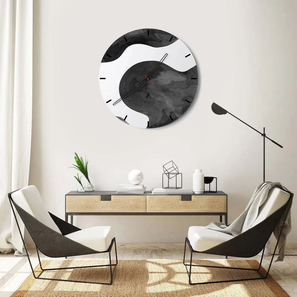 Reloj de pared - Reloj de vidrio - Composición abstracta en blanco y negro de estilo galáctico. - 30x30cm - El blanco fluye sobre el negro - Decoración de pared moderna para salón, cocina y dormitorio ARTTOR