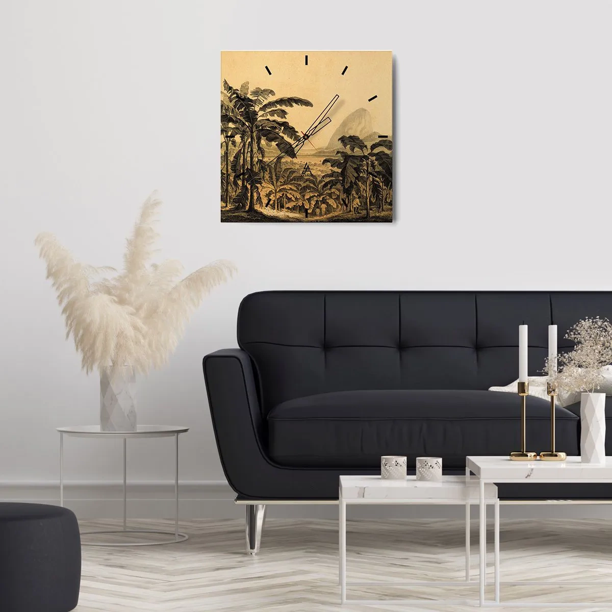 Reloj de pared - Reloj de vidrio - Dibujo de árboles de plátano sobre un fondo de paisaje tropical. - 30x30cm - En un ambiente colonial - Decoración de pared moderna para salón y dormitorio ARTTOR