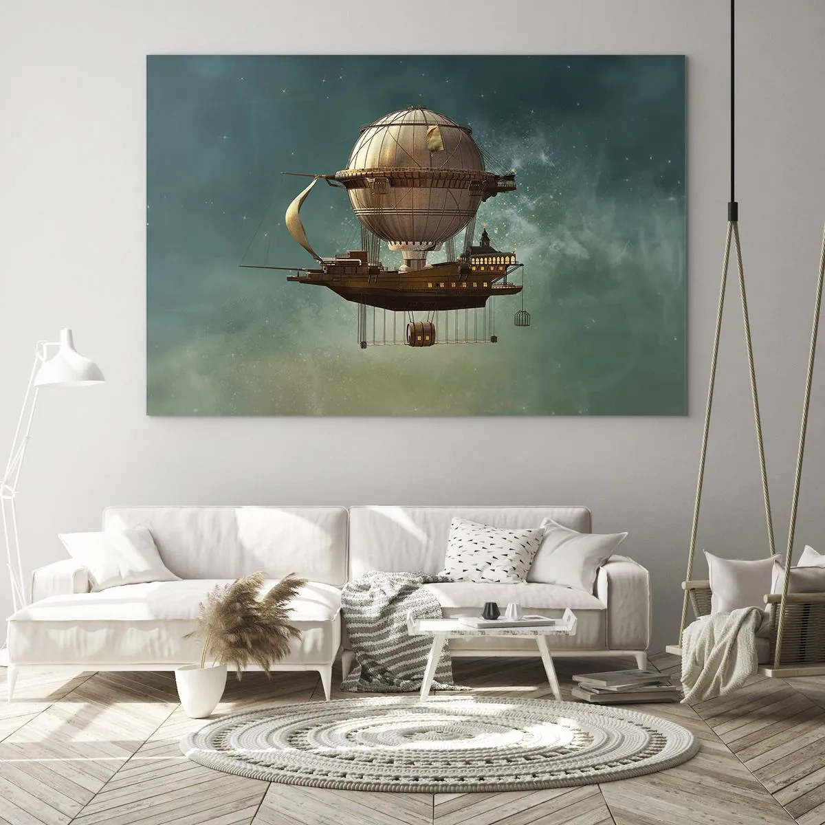 Cuadro sobre vidrio - Impresiones sobre Vidrio - Un dirigible volador con una casa de estilo retro en el cielo. - 120x80cm - Julio Verne saluda - Decoración de pared moderna para salón y dormitorio ARTTOR