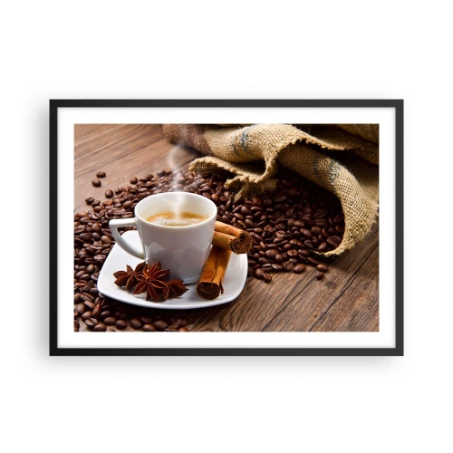 Póster en marco negro - Una taza de café con canela y anís sobre un fondo de granos de café. - 70x50cm - Sabor y aroma picante - Decoración de pared moderna para salón y dormitorio ARTTOR
