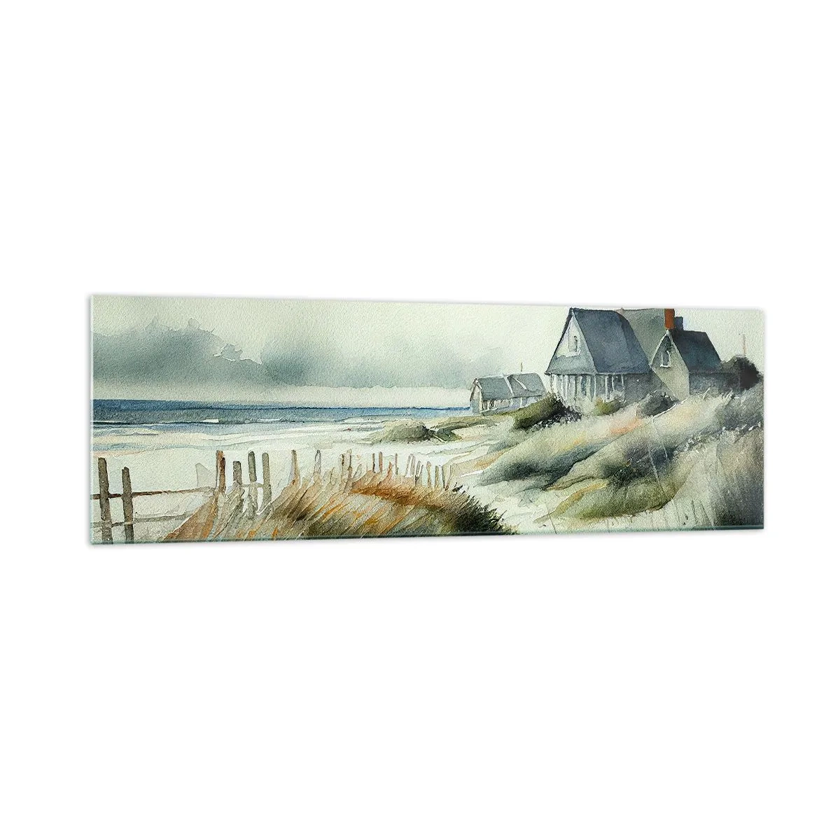 Cuadro sobre vidrio - Impresiones sobre Vidrio - Una casa junto al mar rodeada de césped y con vistas al mar. - 160x50cm - Lejos del bullicio - Decoración de pared moderna para salón y dormitorio ARTTOR