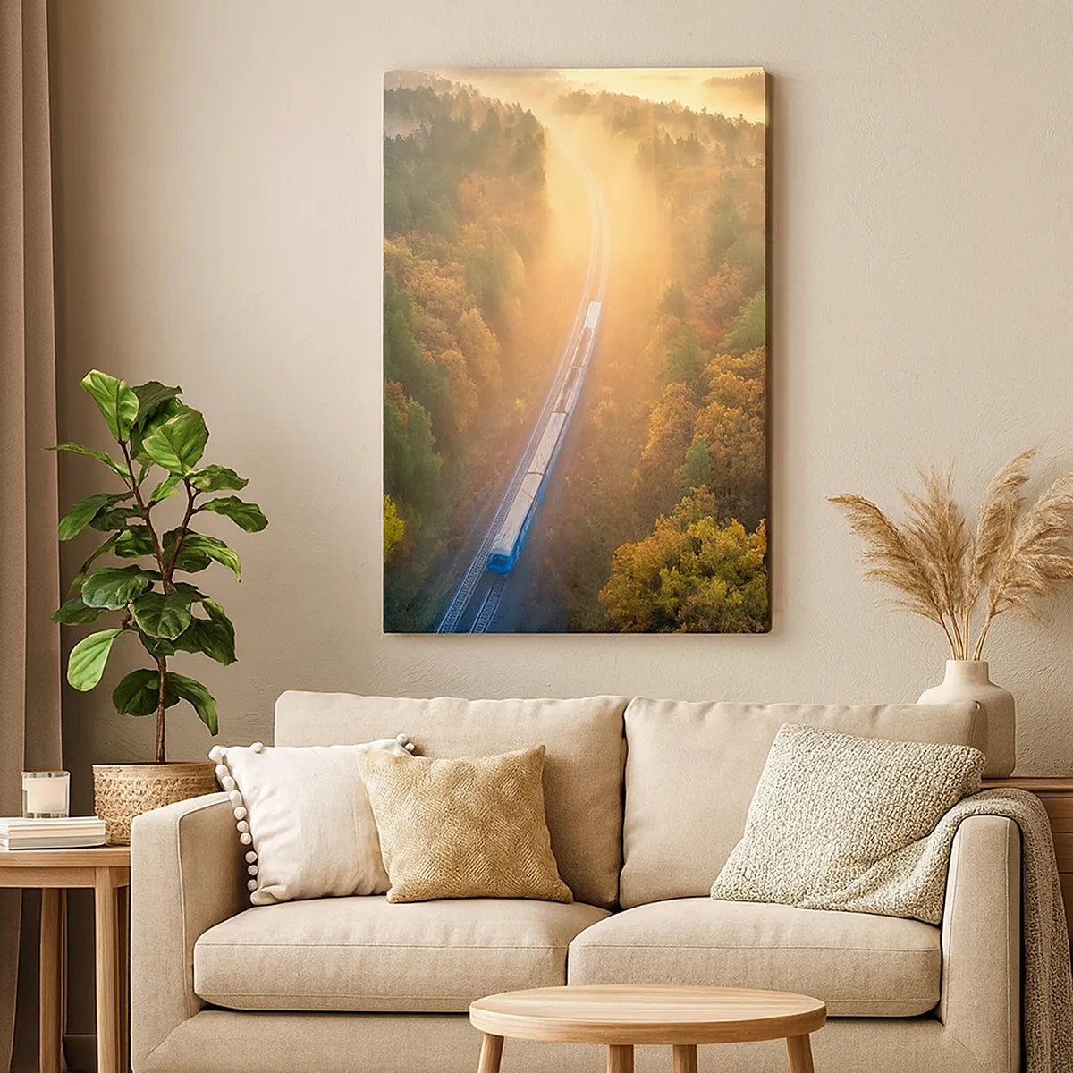 Cuadro sobre lienzo - Impresión de Imagen - Un tren en un bosque otoñal al amanecer. - 50x70cm - Un viaje otoñal - Decoración de pared moderna para salón y dormitorio ARTTOR