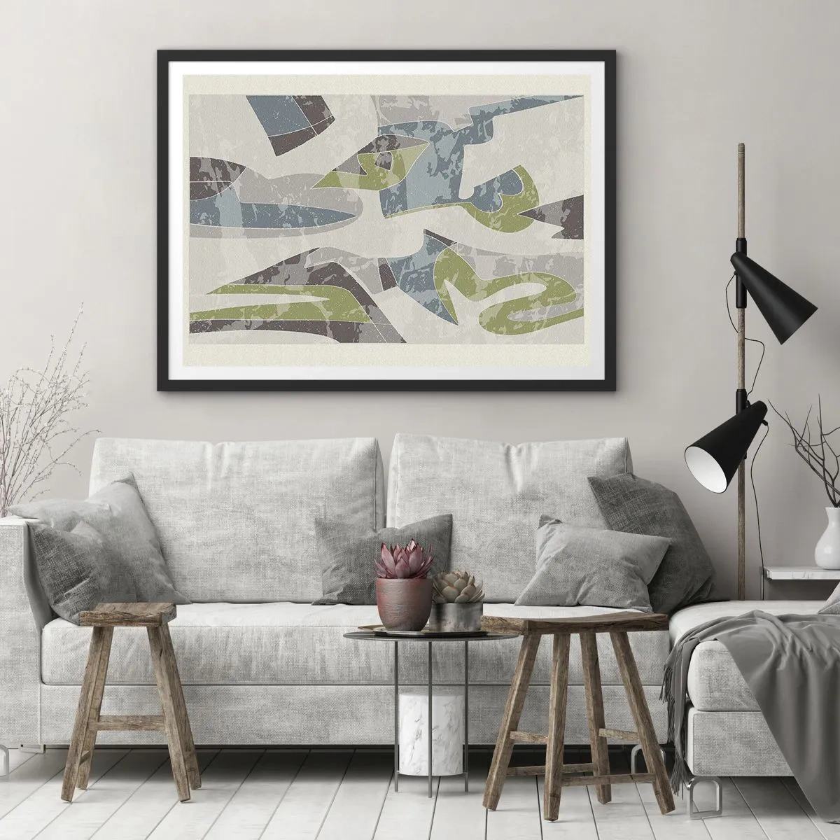 Póster en marco negro - Formas abstractas en verde y azul sobre un fondo claro - 70x50cm - Composición tras vidriera - Decoración de pared moderna para salón y dormitorio ARTTOR