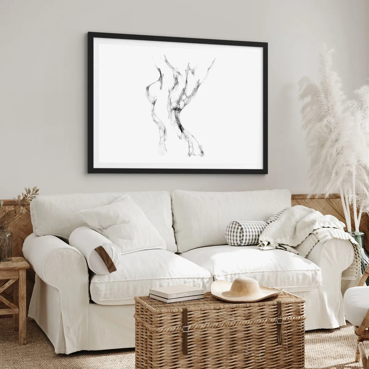 Póster en marco negro - Líneas delicadas y abstractas que se asemejan a estelas de humo sobre un fondo claro. - 70x50cm - Hermosa y fuerte - Decoración de pared moderna para salón y dormitorio ARTTOR