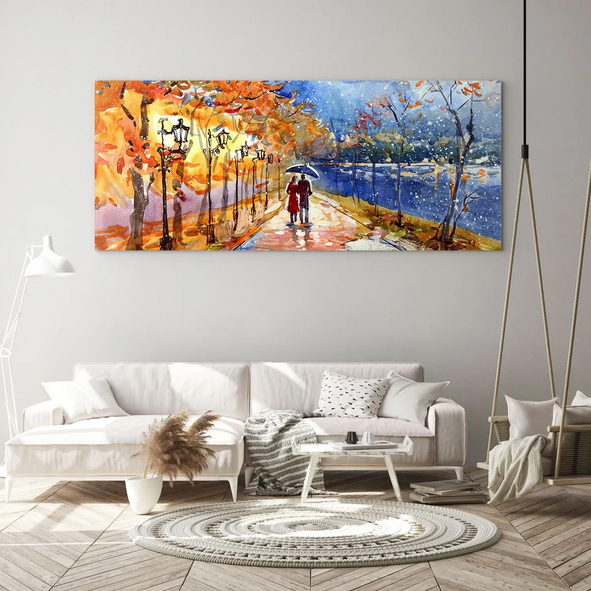 Cuadro sobre vidrio - Impresiones sobre Vidrio - Un paseo otoñal por el parque a orillas del río bajo una sombrilla. - 120x50cm - Juntos hasta el límite del tiempo - Decoración de pared moderna para salón y dormitorio ARTTOR
