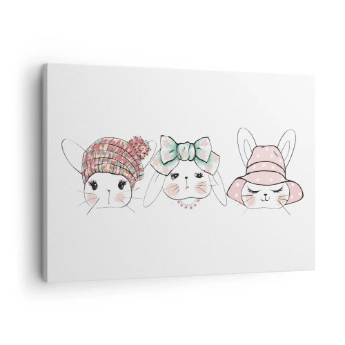 Cuadro sobre lienzo - Impresión de Imagen - Adorables conejitos con tocados en tonos pastel - 70x50cm - Reflexión, tristeza, alegría - Decoración de pared moderna para salón y dormitorio ARTTOR