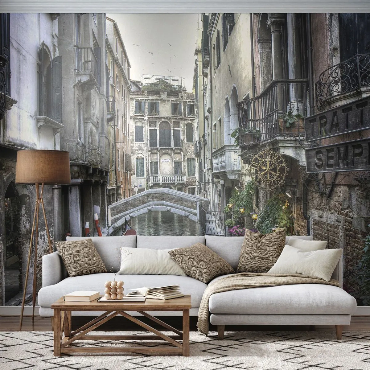 Fotomural Premium Canvas - Canal veneciano con góndola y puente de piedra - 100x70cm - Durante siglos, un sueño - Decoración de pared moderna para salón y dormitorio ARTTOR