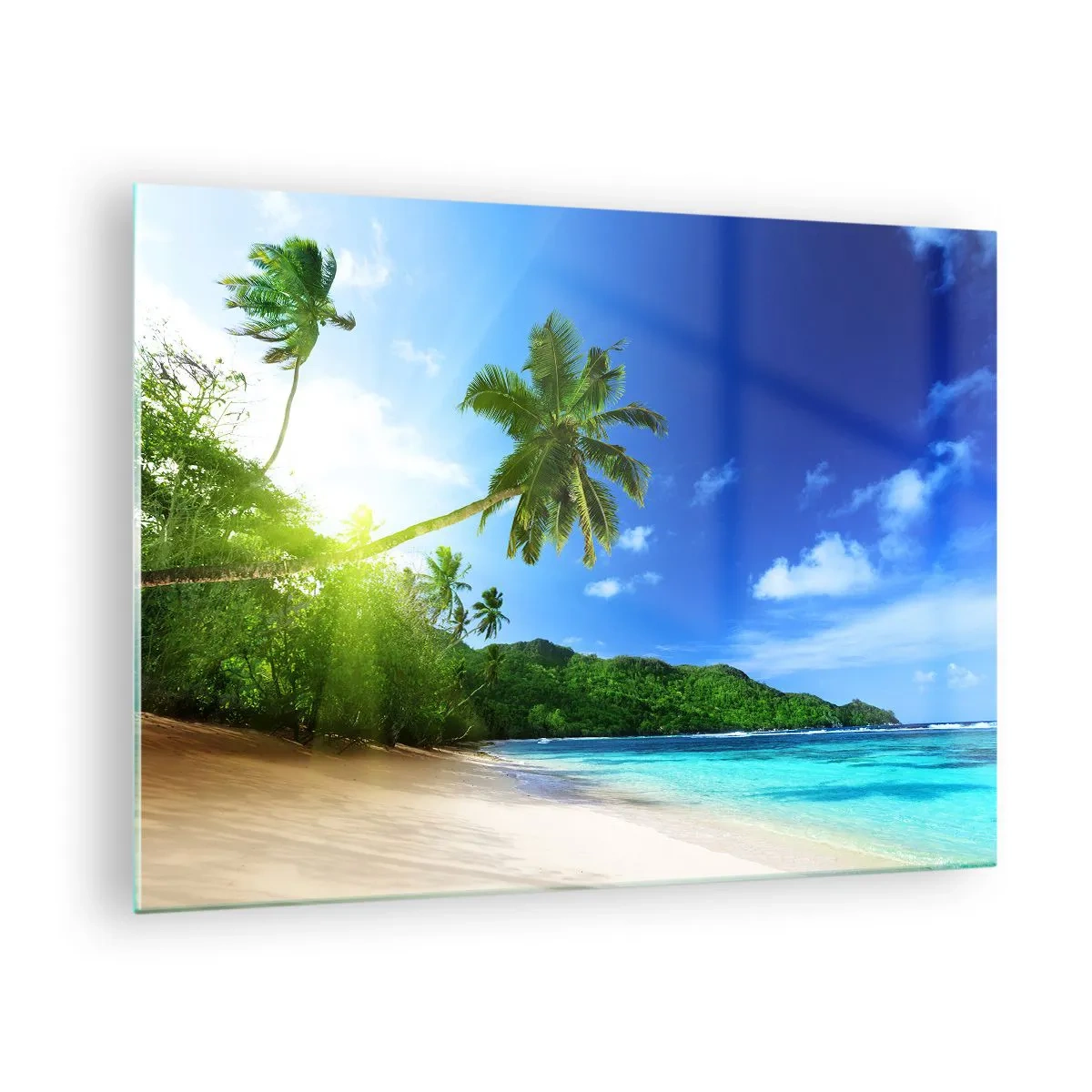 Cuadro sobre vidrio - Impresiones sobre Vidrio - Playa tropical con palmeras y aguas cristalinas. - 70x50cm - Un suave toque tropical - Decoración de pared moderna para salón y dormitorio ARTTOR