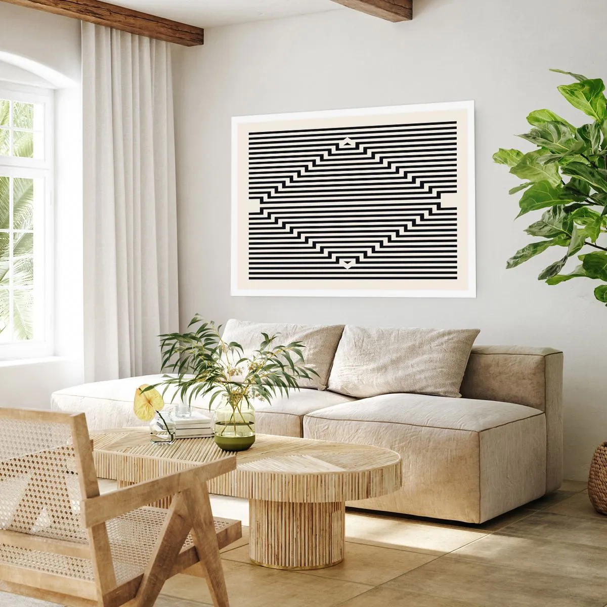 Póster - Líneas blancas y negras que crean un efecto de ilusión geométrica. - 100x70cm - Ilusión geométrica - Decoración de pared moderna para salón y dormitorio ARTTOR