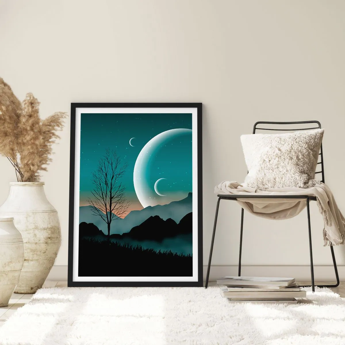 Póster en marco negro - Paisaje artístico con la luna sobre el fondo de montañas y árboles. - 50x70cm - Un carnaval de noche estrellada - Decoración de pared moderna para salón y dormitorio ARTTOR