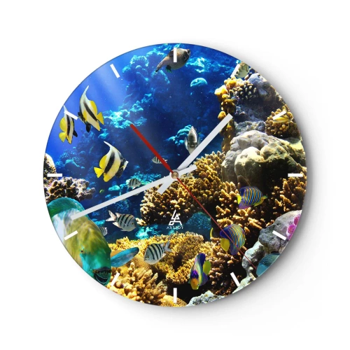 Reloj de pared - Reloj de vidrio - Arrecife de coral con peces tropicales en el océano azul. - 30x30cm - Vacaciones submarinas - Decoración de pared moderna para salón, cocina y dormitorio ARTTOR