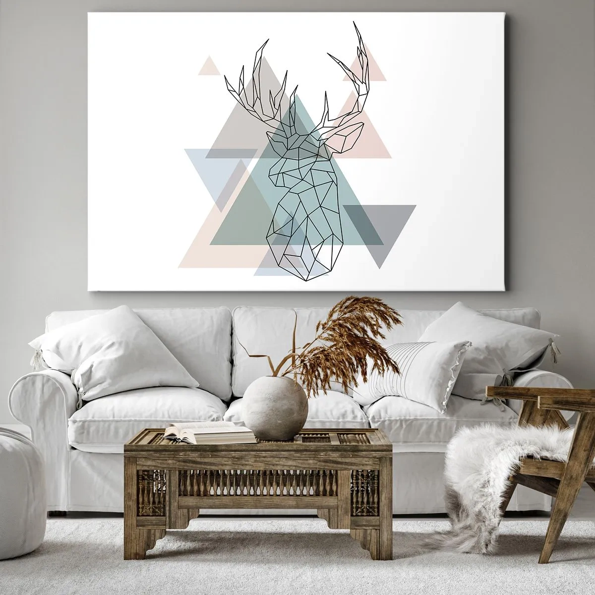 Cuadro sobre lienzo - Impresión de Imagen - Ciervo geométrico sobre un fondo de triángulos pastel. - 70x50cm - En un bosque geométrico - Decoración de pared moderna para salón y dormitorio ARTTOR