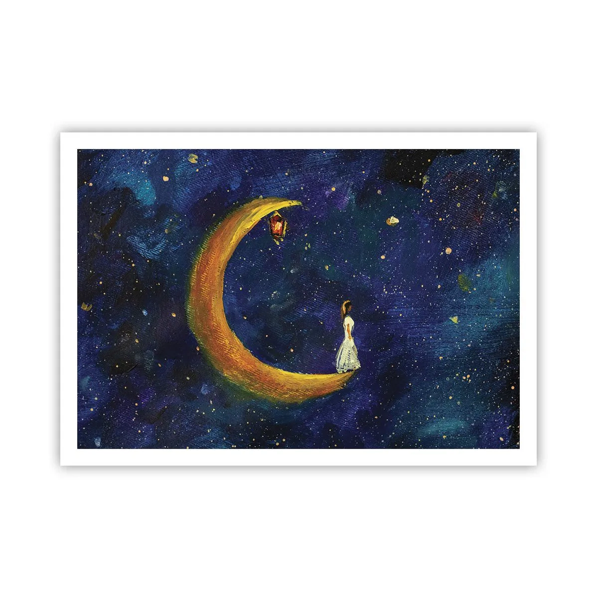 Póster - Una niña parada en la luna en un cielo estrellado. - 100x70cm - La llamada de la Luna - Decoración de pared moderna para salón y dormitorio ARTTOR