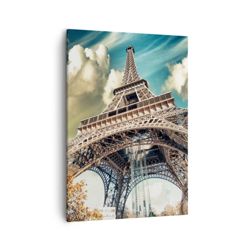 Cuadro sobre lienzo - Impresión de Imagen - La Torre Eiffel desde abajo en un entorno otoñal - 50x70cm - Y en París, en otoño... - Decoración de pared moderna para salón y dormitorio ARTTOR