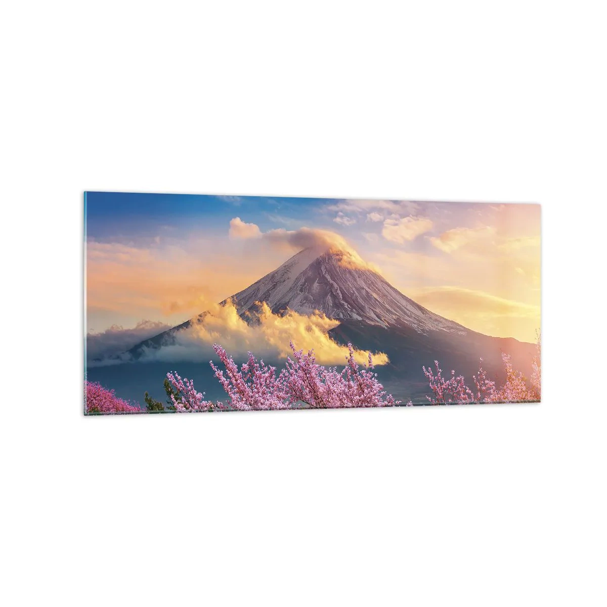 Cuadro sobre vidrio - Impresiones sobre Vidrio - Monte Fuji con flores de cerezo al fondo al atardecer - 120x50cm - La santidad japonesa - Decoración de pared moderna para salón y dormitorio ARTTOR