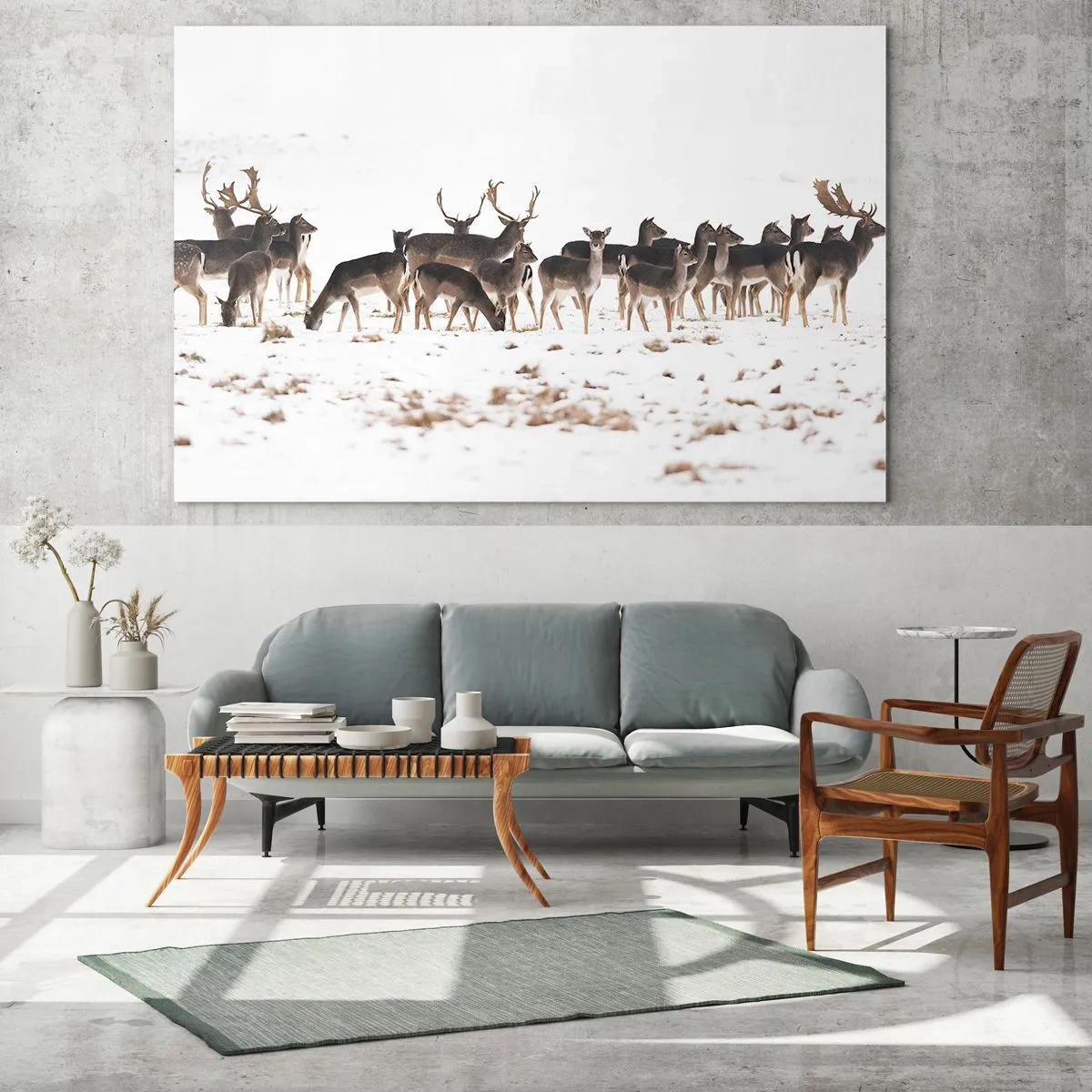 Cuadro sobre vidrio - Impresiones sobre Vidrio - Una fotografía de una manada de ciervos en un paisaje nevado. - 70x50cm - ¿Se acerca la Navidad? - Decoración de pared moderna para salón y dormitorio ARTTOR