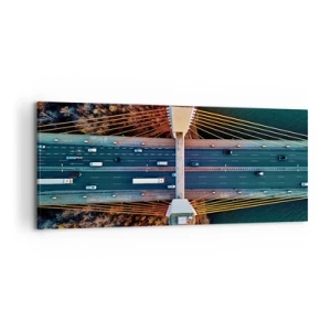 Cuadro sobre lienzo - Impresión de Imagen - Vista aérea del puente sobre el río y el paisaje otoñal. - 120x50cm - Más allá de las aguas, más allá de los bosques - Decoración de pared moderna para salón y dormitorio ARTTOR