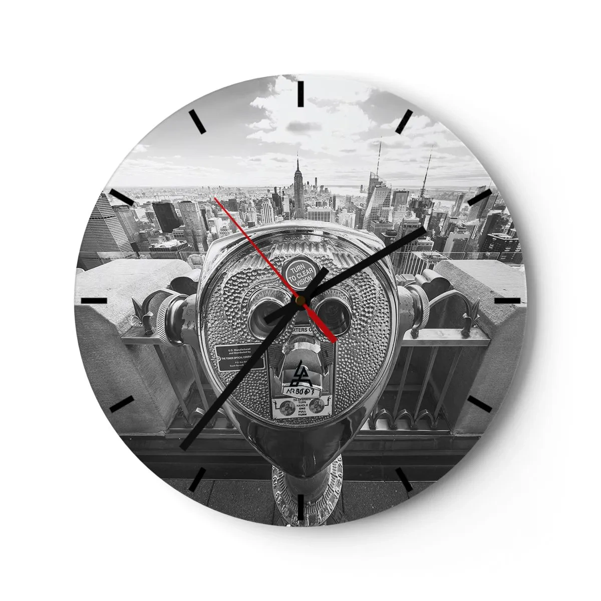 Reloj de pared - Reloj de vidrio - Binoculares turísticos apuntando al horizonte de Nueva York - 30x30cm - Sobre la ciudad - Decoración de pared moderna para salón, cocina y dormitorio ARTTOR