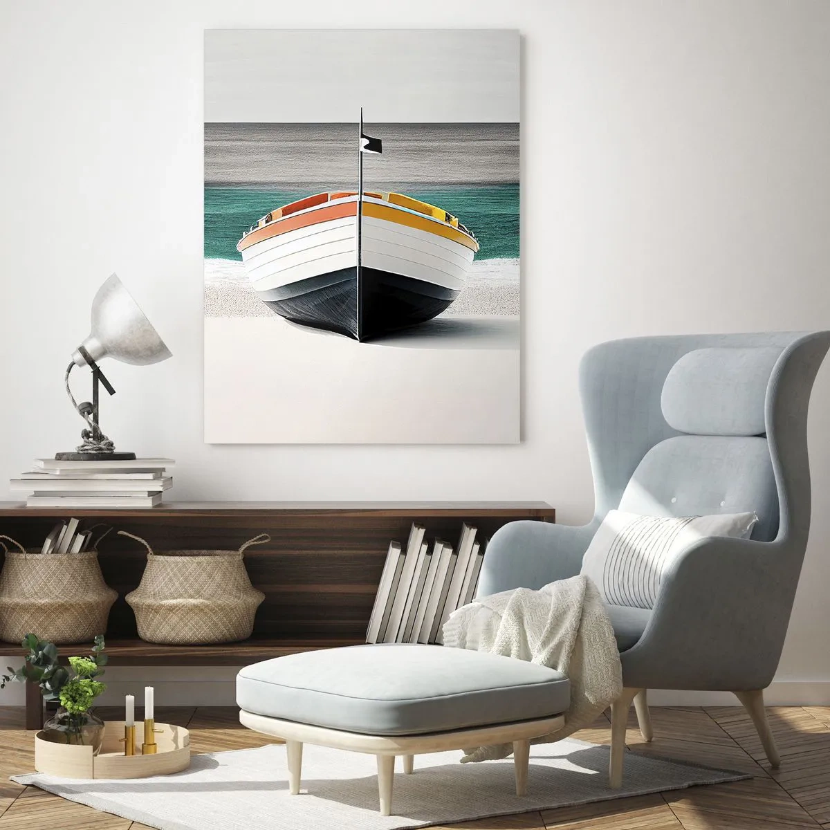Cuadro sobre vidrio - Impresiones sobre Vidrio - Un barco en la playa con un mar turquesa al fondo. - 70x100cm - En su lugar exacto - Decoración de pared moderna para salón y dormitorio ARTTOR