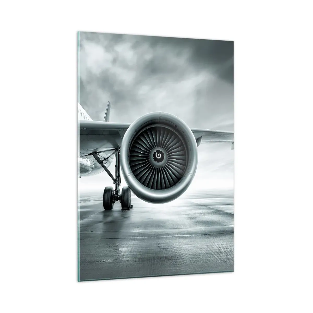 Cuadro sobre vidrio - Impresiones sobre Vidrio - La turbina de un avión de pasajeros en la pista al amanecer - 50x70cm - Hay poder - Decoración de pared moderna para salón y dormitorio ARTTOR