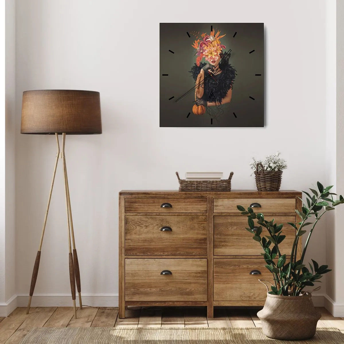 Reloj de pared - Reloj de vidrio - Retrato de una mujer con motivos otoñales y un gato. - 30x30cm - Hechizo de bruja - Decoración de pared moderna para salón y dormitorio ARTTOR