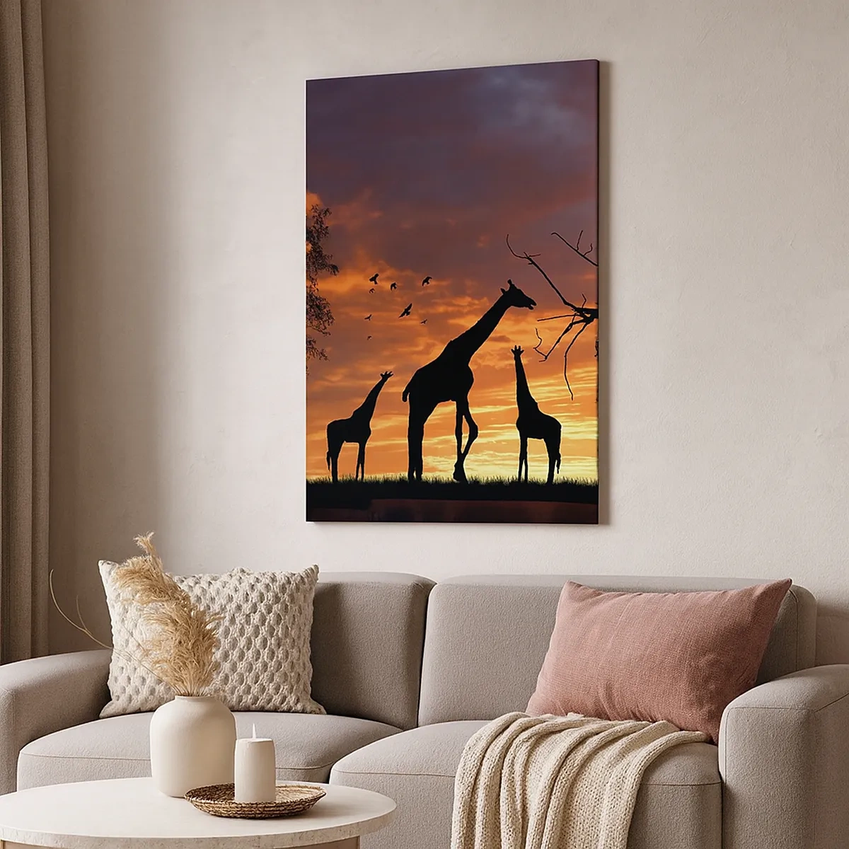 Cuadro sobre lienzo - Impresión de Imagen - Siluetas de jirafas con el atardecer africano como telón de fondo - 50x70cm - Una pequeña cena con tus seres queridos - Decoración de pared moderna para salón y dormitorio ARTTOR