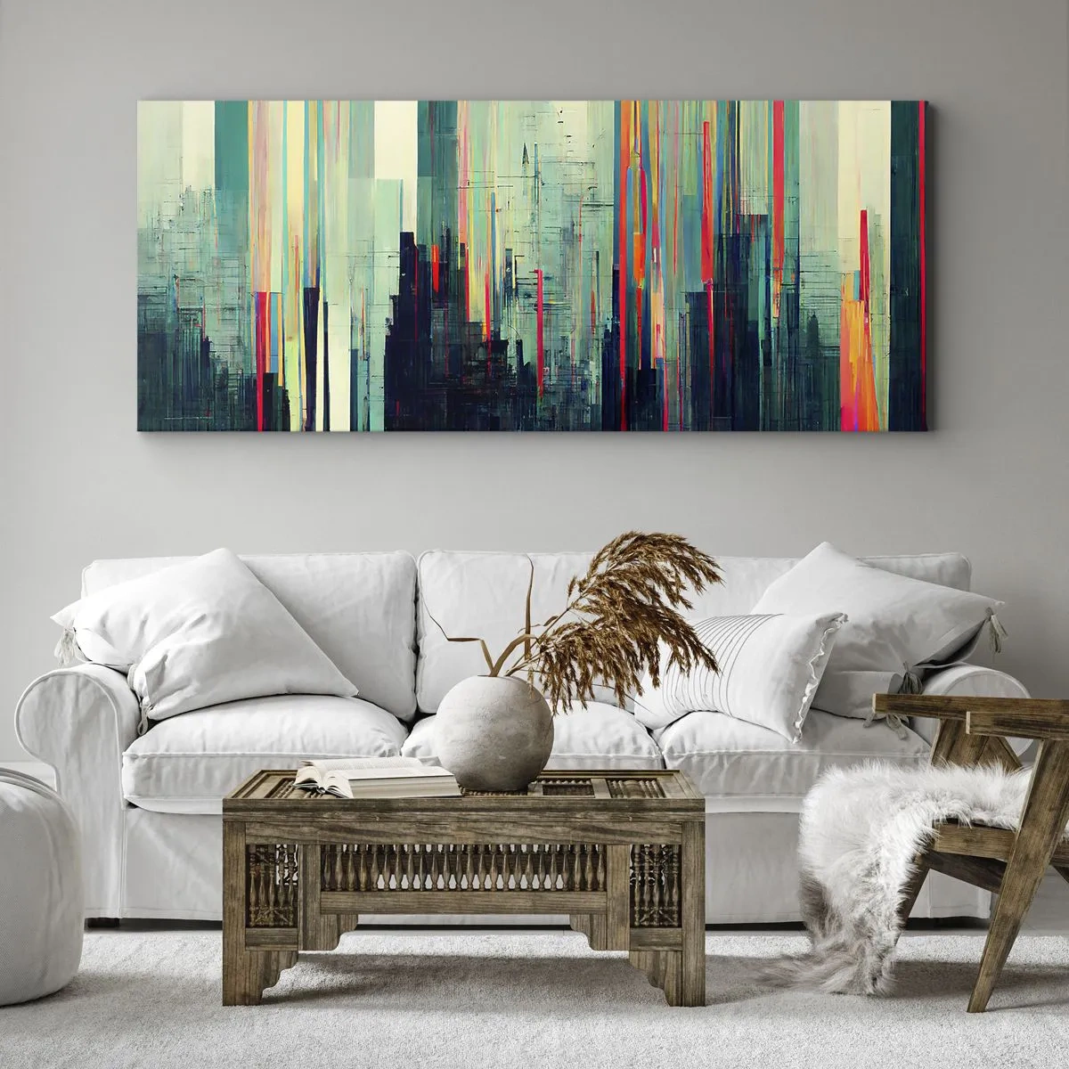 Cuadro sobre lienzo - Impresión de Imagen - Abstracción con líneas verticales y un horizonte de ciudad. - 160x50cm - Ciudad futurista - Decoración de pared moderna para salón y dormitorio ARTTOR
