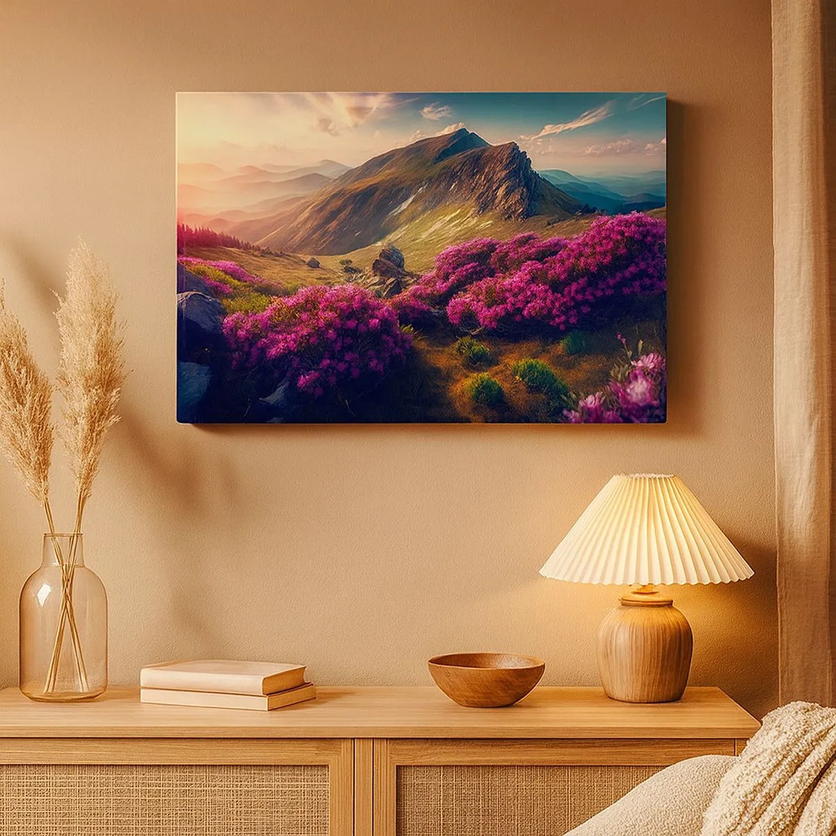 Cuadro sobre lienzo - Impresión de Imagen - Paisaje de montaña con rododendros en flor - 70x50cm - Verano en las montañas - Decoración de pared moderna para salón y dormitorio ARTTOR