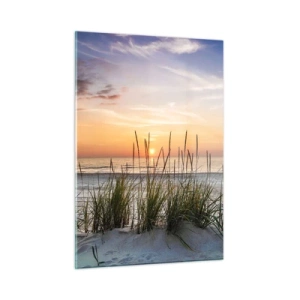 Cuadro sobre vidrio - Impresiones sobre Vidrio - Puesta de sol sobre una playa cubierta de hierba - 50x70cm - Mira, piensa, siente - Decoración de pared moderna para salón y dormitorio ARTTOR