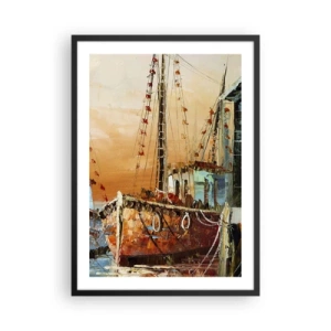 Póster en marco negro - Un velero con el sol poniente como telón de fondo - 50x70cm - Regreso pacífico - Decoración de pared moderna para salón y dormitorio ARTTOR
