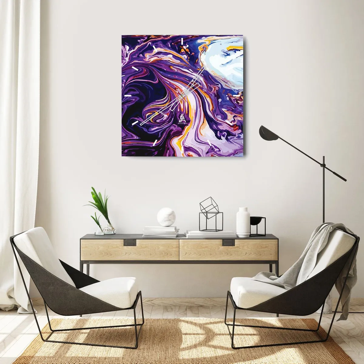 Reloj de pared - Reloj de vidrio - Un patrón abstracto dinámico en tonos morado y amarillo. - 30x30cm - Una curva en el violeta - Decoración de pared moderna para salón y dormitorio ARTTOR