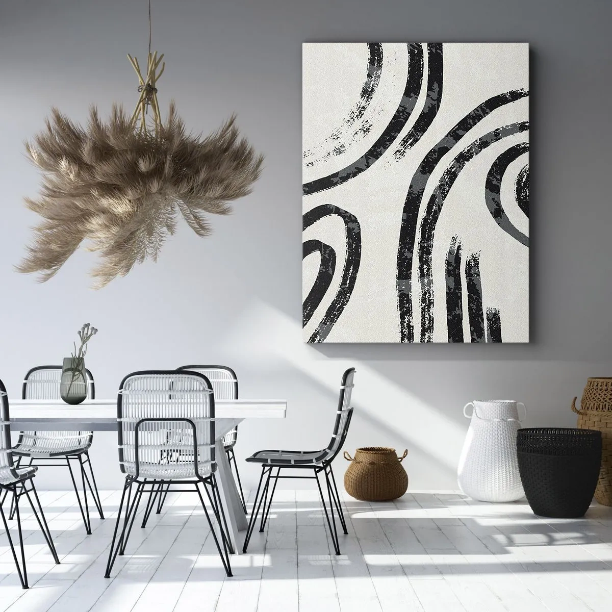 Cuadro sobre lienzo - Impresión de Imagen - Líneas abstractas en blanco y negro sobre un fondo claro - 50x70cm - A medias - Decoración de pared moderna para salón y dormitorio ARTTOR