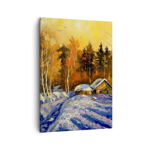 Cuadro sobre lienzo - Impresión de Imagen - Paisaje invernal con una casa a la luz del sol poniente. - 50x70cm - Una impresión invernal al sol - Decoración de pared moderna para salón y dormitorio ARTTOR
