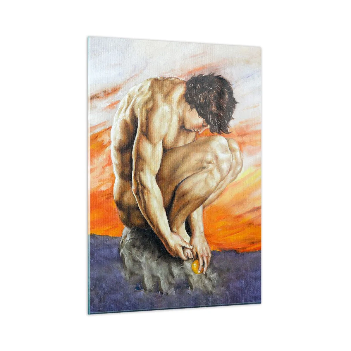 Cuadro sobre vidrio - Impresiones sobre Vidrio - Un cuerpo humano desnudo contra un cielo naranja intenso. - 50x70cm - Sumergido en sí mismo - Decoración de pared moderna para salón y dormitorio ARTTOR