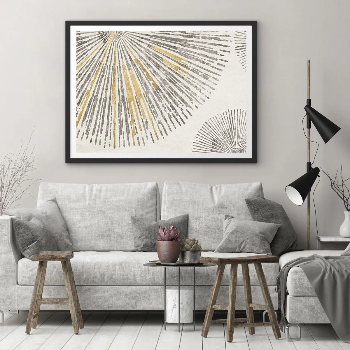 Póster en marco negro - Patrón abstracto en forma de rayo - 100x70cm - Belleza lineal - Decoración de pared moderna para salón y dormitorio ARTTOR