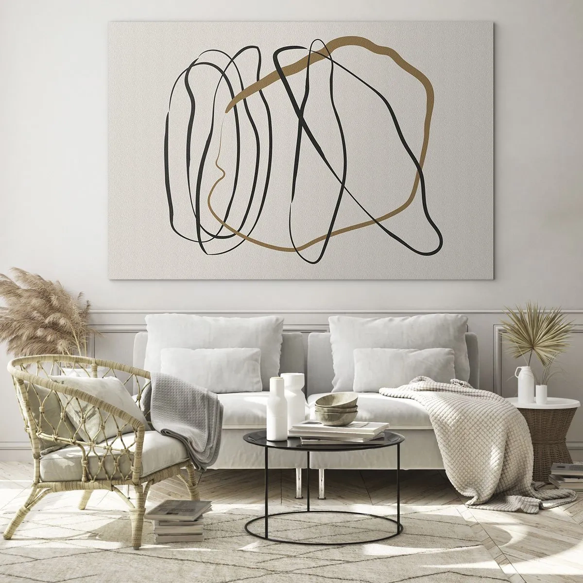 Cuadro sobre vidrio - Impresiones sobre Vidrio - Una composición expresiva de líneas en negro y marrón sobre un fondo claro. - 70x50cm - Composición: danza lineal - Decoración de pared moderna para salón y dormitorio ARTTOR