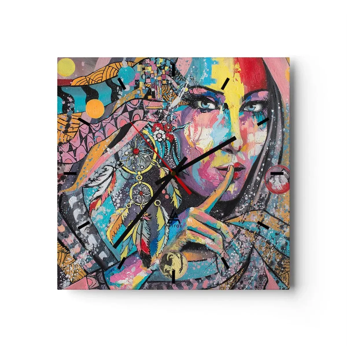 Reloj de pared - Reloj de vidrio - Rostro femenino colorido en estilo artístico. - 30x30cm - Silencio hasta que entiendas - Decoración de pared moderna para salón y dormitorio ARTTOR