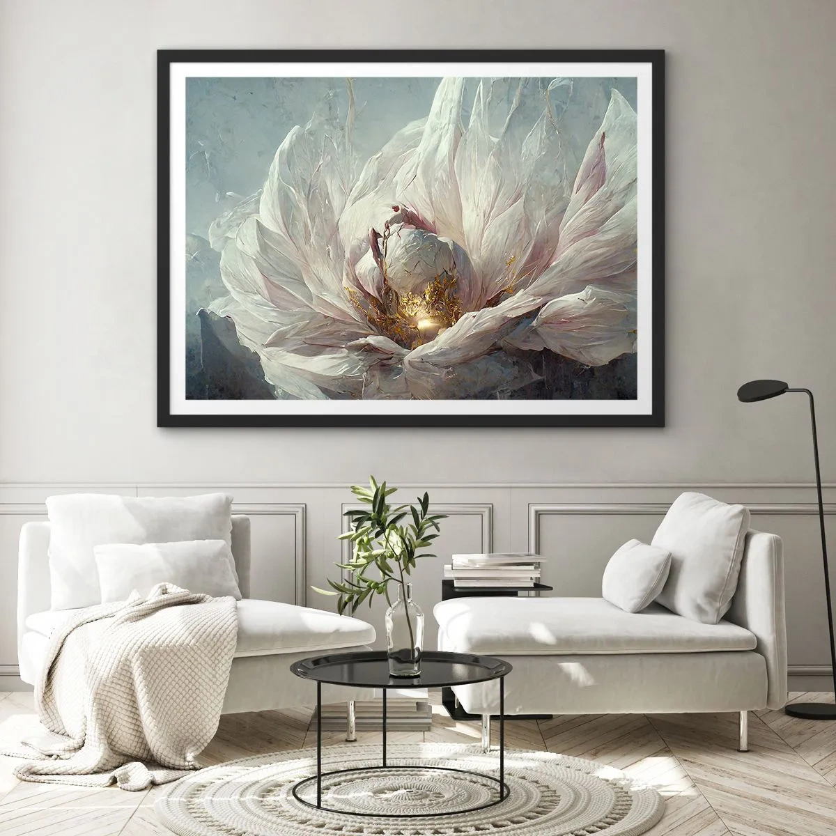 Póster en marco negro - Una delicada flor blanca con sutiles acentos dorados. - 100x70cm - Florece una vez cada cien años - Decoración de pared moderna para salón y dormitorio ARTTOR