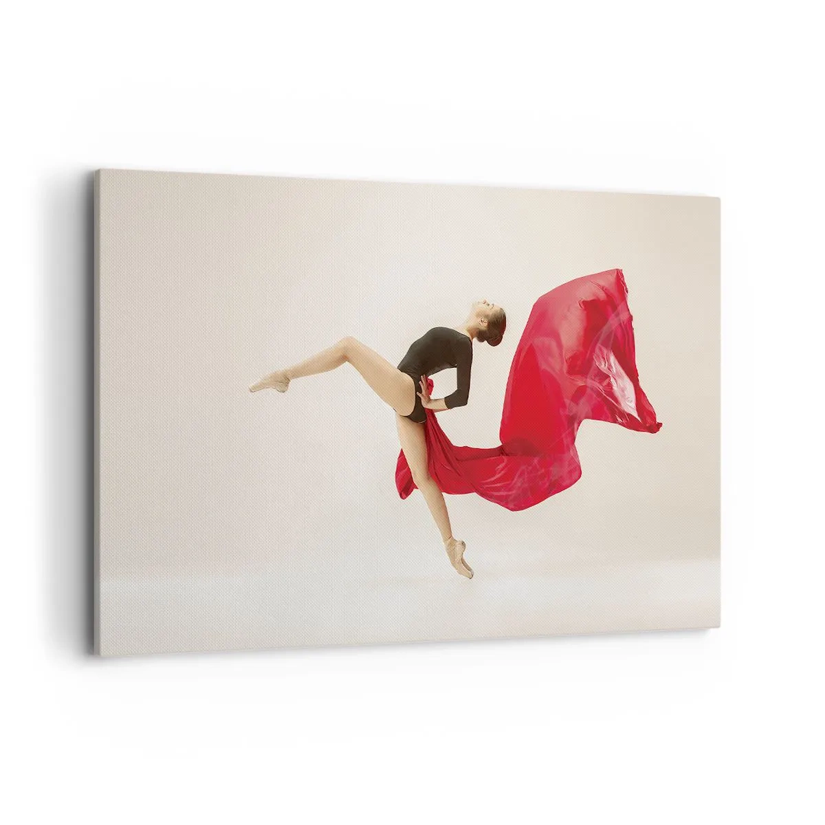 Cuadro sobre lienzo - Impresión de Imagen - Una bailarina dinámica con un traje negro y tela roja en movimiento. - 120x80cm - Rojo y negro - Decoración de pared moderna para salón y dormitorio ARTTOR