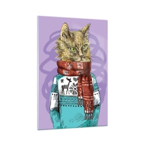 Cuadro sobre vidrio - Impresiones sobre Vidrio - Un gato con un suéter y una bufanda sobre un fondo morado. - 70x100cm - El gato no solo tenía botas - Decoración de pared moderna para salón y dormitorio ARTTOR