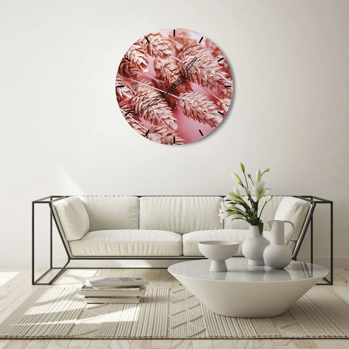 Reloj de pared - Reloj de vidrio - Estructura floral en rosa - 40x40 cm