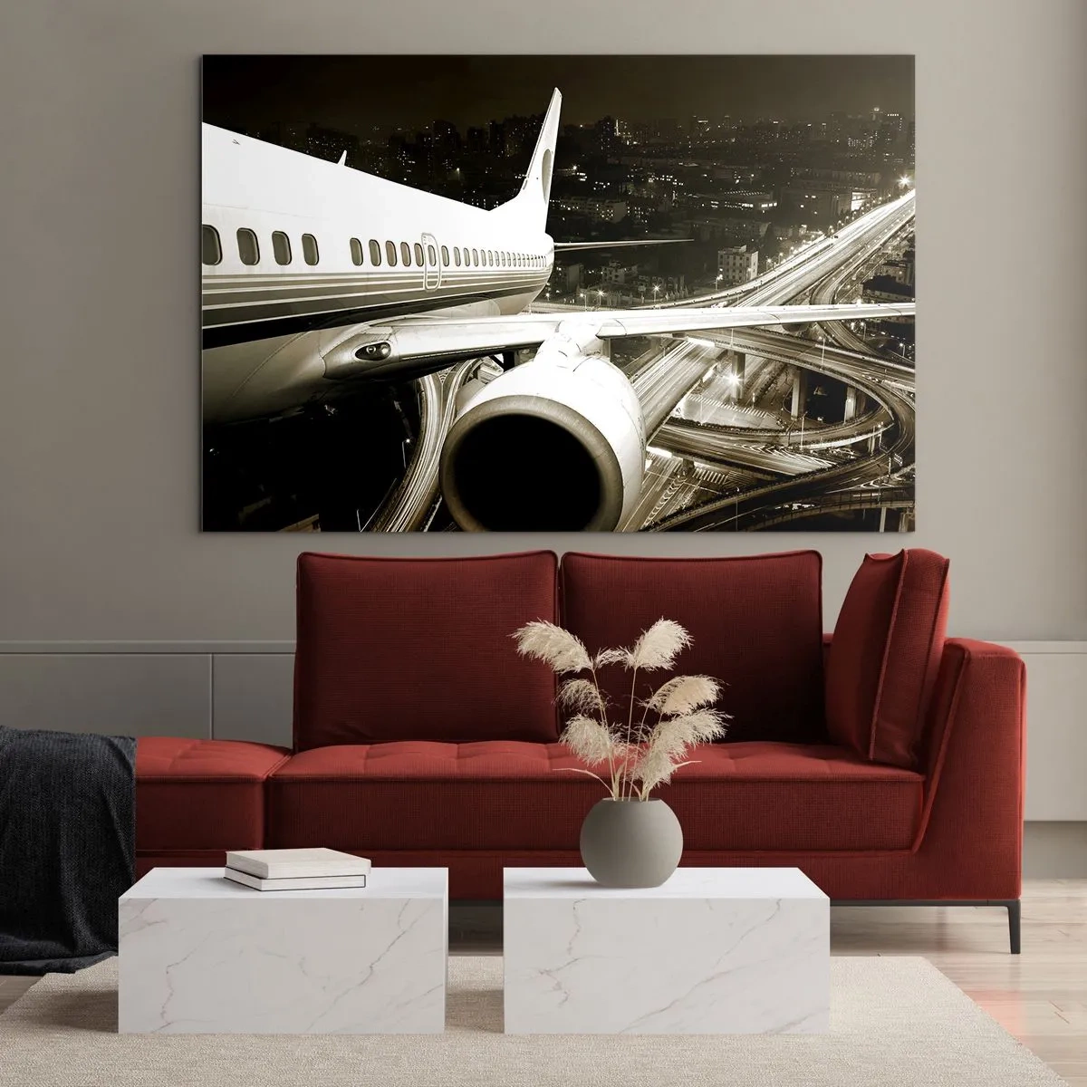 Cuadro sobre vidrio - Impresiones sobre Vidrio - Un avión sobre la ciudad por la noche con un ambiente industrial. - 70x50cm - Vuela hacia la noche - Decoración de pared moderna para salón y dormitorio ARTTOR
