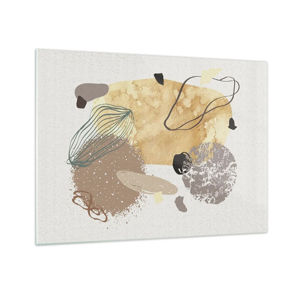 Cuadro sobre vidrio - Impresiones sobre Vidrio - Abstracción beige y marrón con formas irregulares. - 70x50cm - Plumología aplicada - Decoración de pared moderna para salón y dormitorio ARTTOR