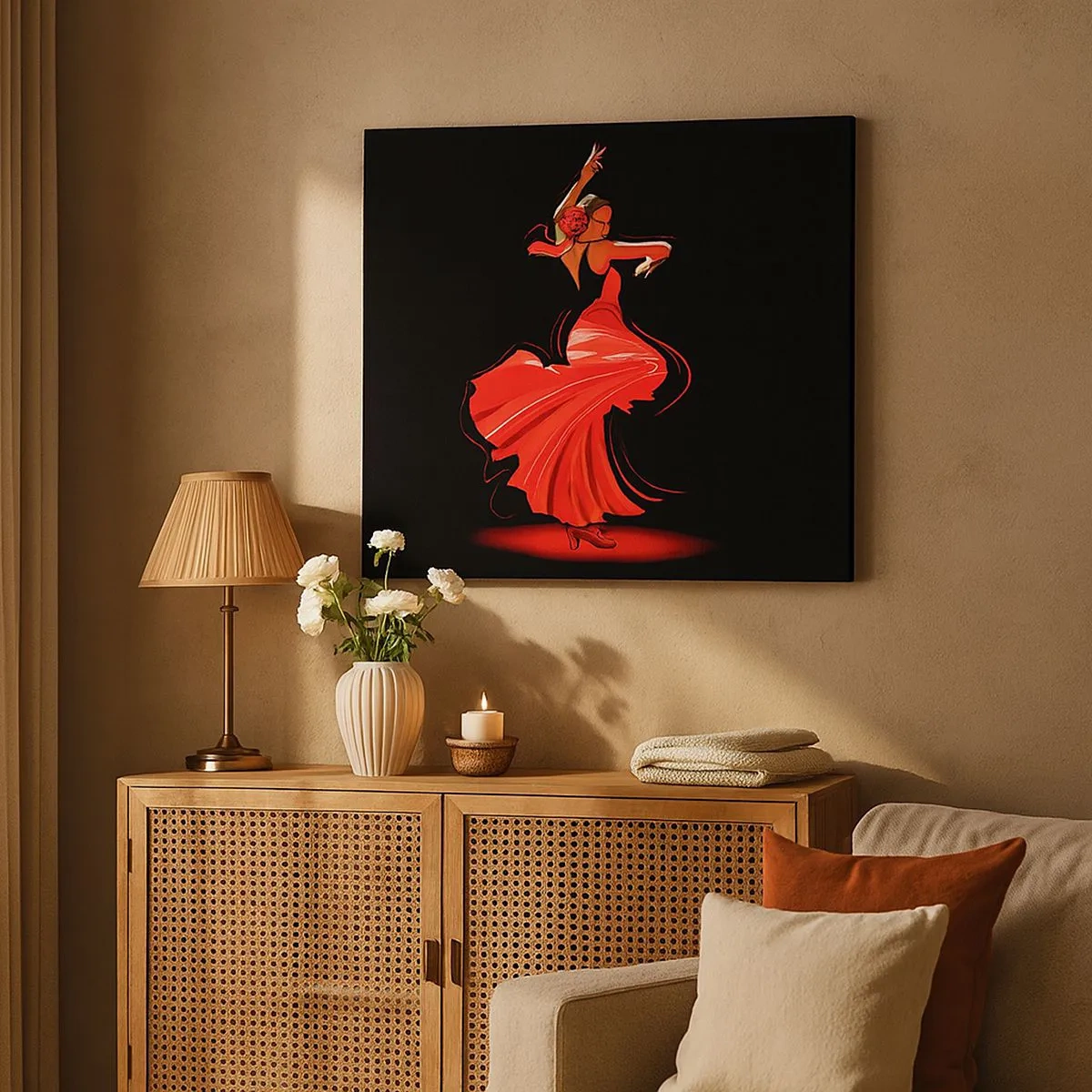 Cuadro sobre lienzo - Impresión de Imagen - Bailaora de flamenco con vestido rojo sobre fondo negro - 70x50cm - El espíritu ardiente del flamenco - Decoración de pared moderna para salón y dormitorio ARTTOR