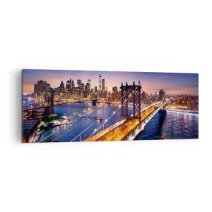Cuadro sobre lienzo - Impresión de Imagen - El puente y el panorama de la ciudad al atardecer. - 140x50cm - Un puente luminoso hacia el corazón de la ciudad - Decoración de pared moderna para salón y dormitorio ARTTOR