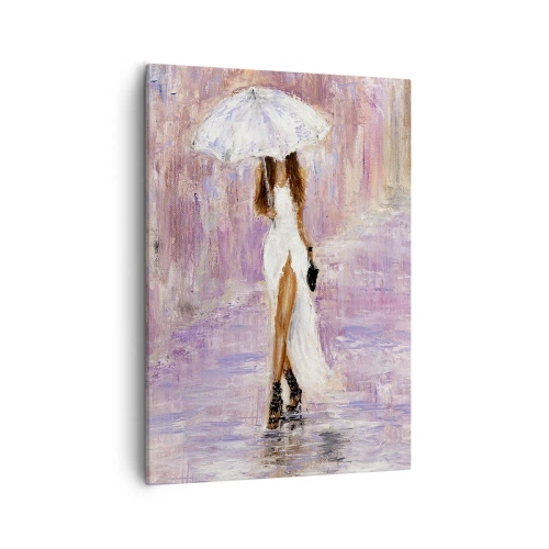 Cuadro sobre lienzo - Impresión de Imagen - Una mujer con paraguas caminando bajo la lluvia en tonos lilas - 50x70cm - En la lluvia de lilas - Decoración de pared moderna para salón y dormitorio ARTTOR
